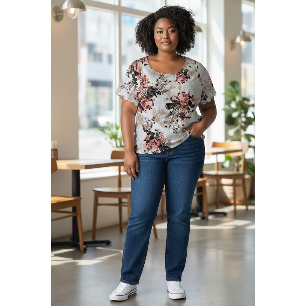 new pink blush women floral blouse short sleeve sheer lightweight top scalloped